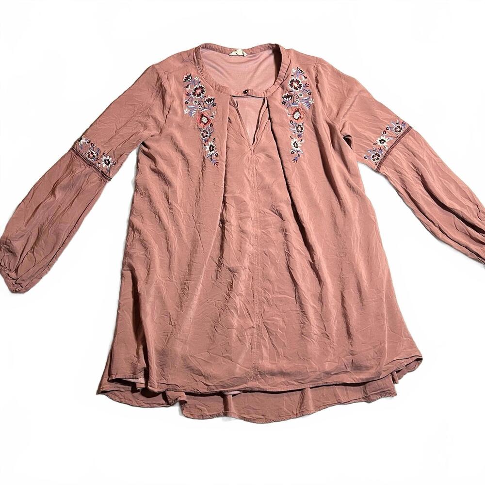 In Loom Embroidered Boho Mini Dress Tunic L Dusty Rose Babydoll Cottagecore